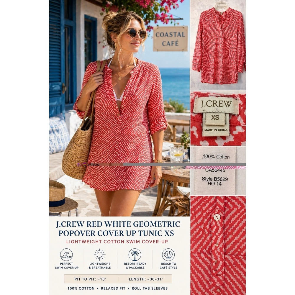 J.Crew Red White Geometric Popover Blouse XS Cotton Tunic‎ Top Resort Beach Swim